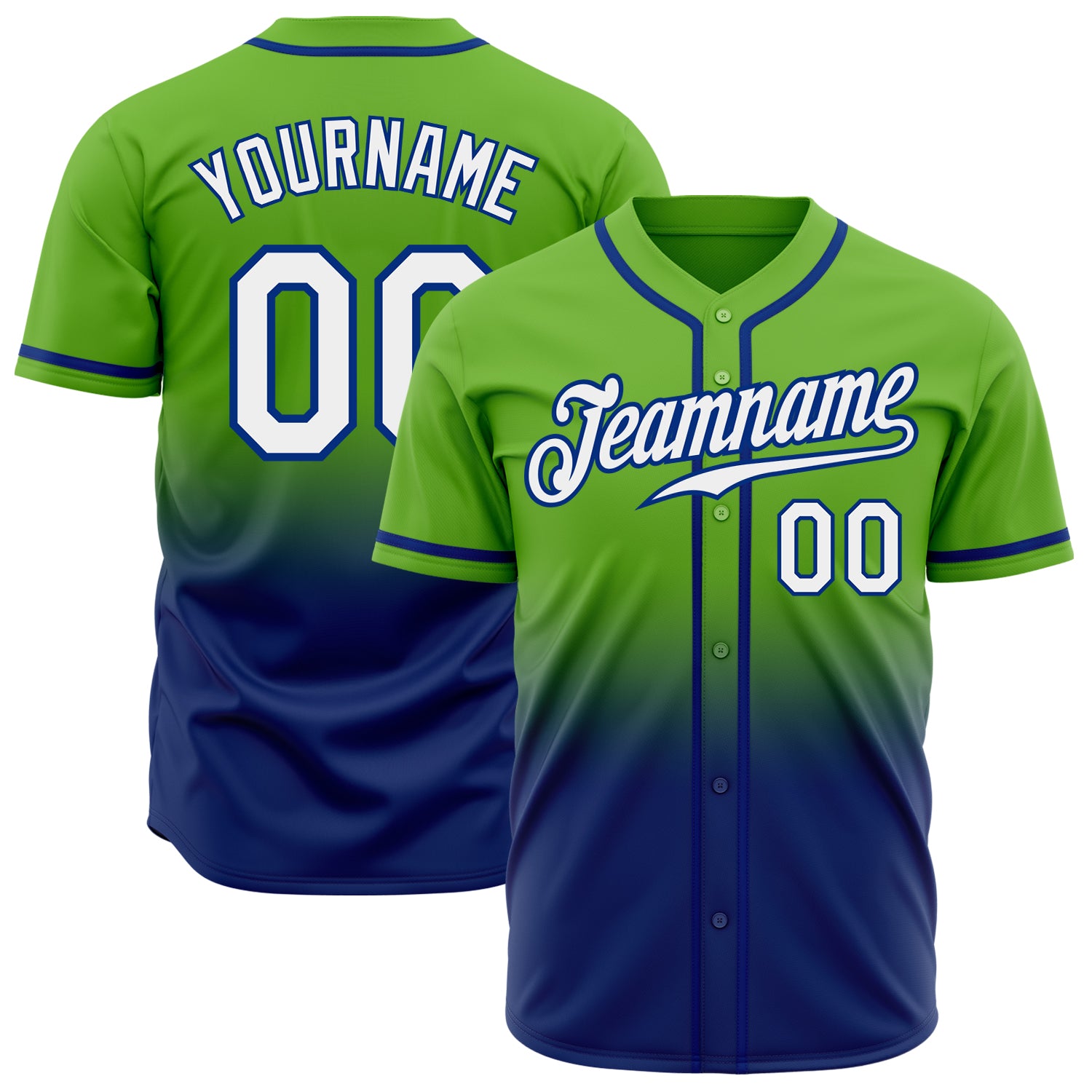 Neon Green White-Royal Authentic Fade Baseball Jersey - Custom Fashion Jersey Custom Neon Green White-Royal Authentic Fade