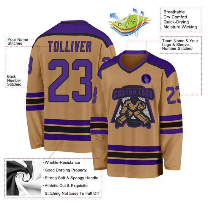 Custom Purple Black Old Gold Hockey Jersey for Men and Women, Personalized Team Apparel Custom Old Gold Purple-Black Hockey - Image 3