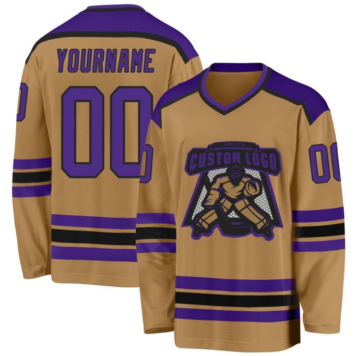 Custom Purple Black Old Gold Hockey Jersey for Men and Women, Personalized Team Apparel Custom Old Gold Purple-Black Hockey - Image 1