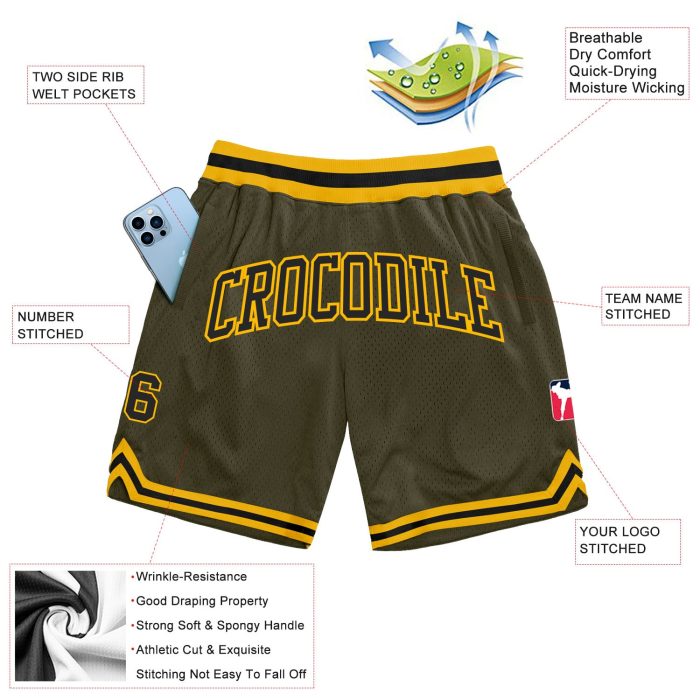 Custom Olive Black Gold Basketball Shorts Salute to Service Authentic Throwback Custom Olive Black-Gold Authentic Throwback - Image 2