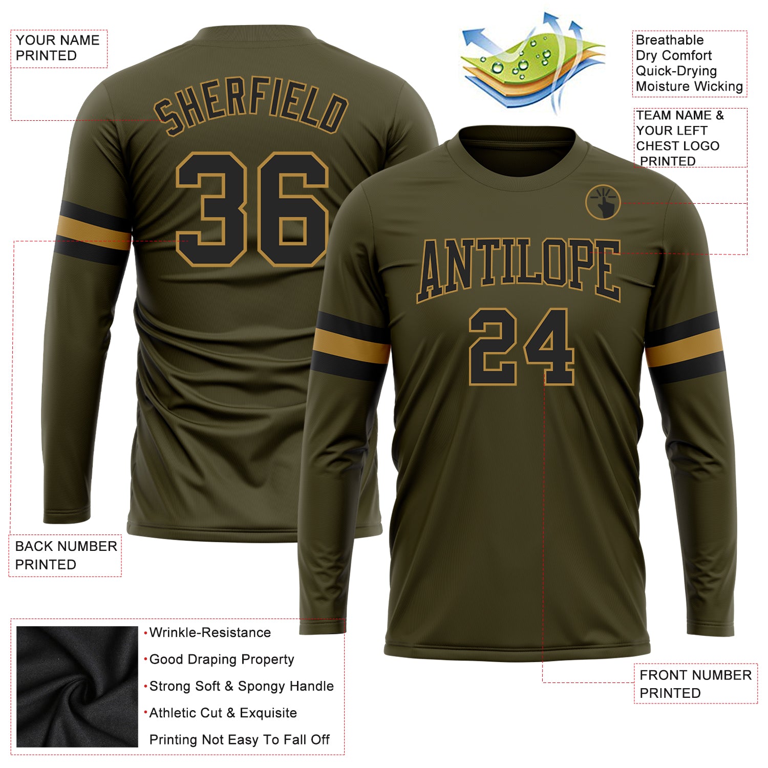 Custom Olive Black-Old Gold Long Sleeve Performance Salute To Service T-Shirt Custom Salute to Service Long Sleeve Performance T-Shirt in Olive Black-Old Gold Custom Olive Black-Old Gold Long Sleeve - Image 3
