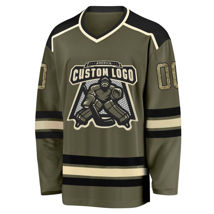 Custom Olive Camo Salute to Service Hockey Jersey - Black Cream Design Custom Olive Camo Black-Cream Salute To Service Hockey - Image 2