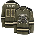 Custom Olive Camo Salute to Service Hockey Jersey - Black Cream Design Custom Olive Camo Black-Cream Salute To Service Hockey