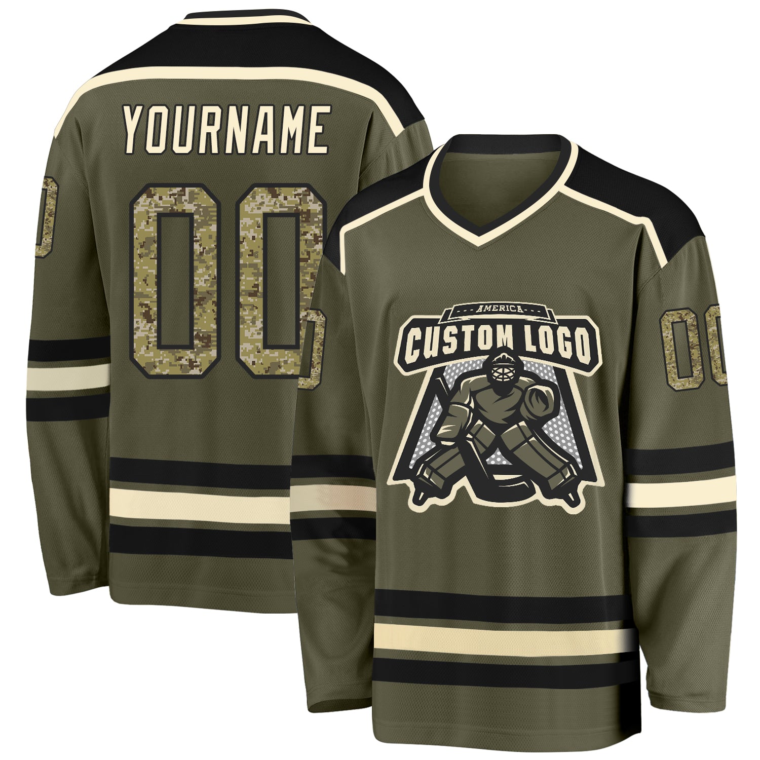 Custom Olive Camo Black-Cream Salute To Service Hockey Jersey Custom Olive Camo Salute to Service Hockey Jersey - Black Cream Design Custom Olive Camo Black-Cream Salute To Service Hockey - Image 1