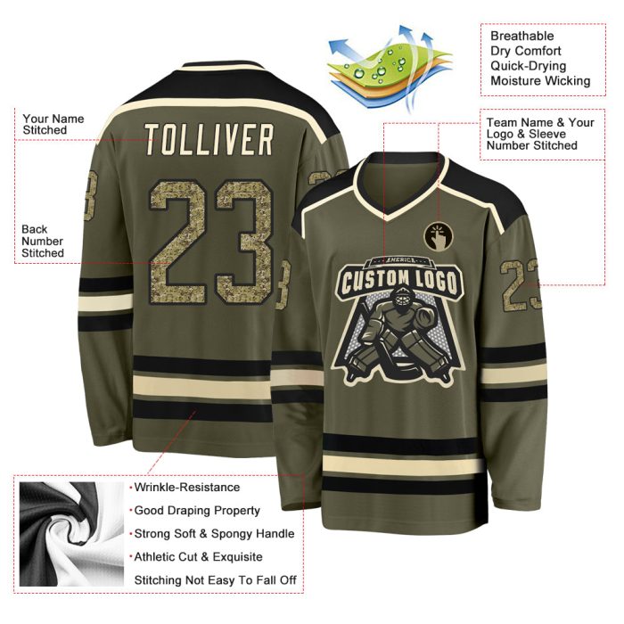 Custom Olive Camo Salute to Service Hockey Jersey - Black Cream Design Custom Olive Camo Black-Cream Salute To Service Hockey - Image 3