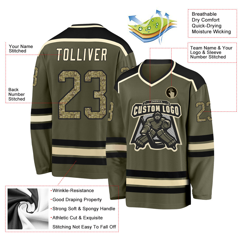 Custom Olive Camo Black-Cream Salute To Service Hockey Jersey Custom Olive Camo Salute to Service Hockey Jersey - Black Cream Design Custom Olive Camo Black-Cream Salute To Service Hockey - Image 3