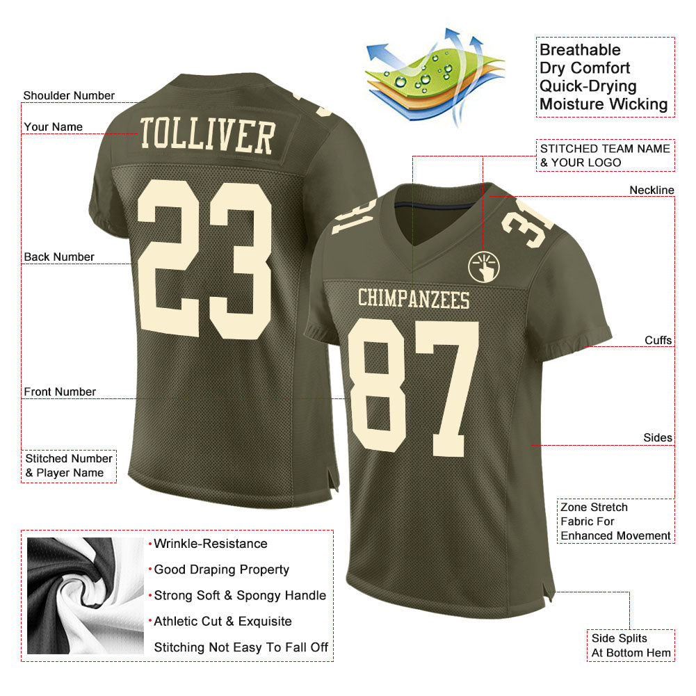 Custom Olive Cream Mesh Authentic Salute To Service Football Jersey Olive Cream Custom Football Jersey - Authentic Salute To Service Design Custom Olive Cream Mesh Authentic Salute To Service - Image 2