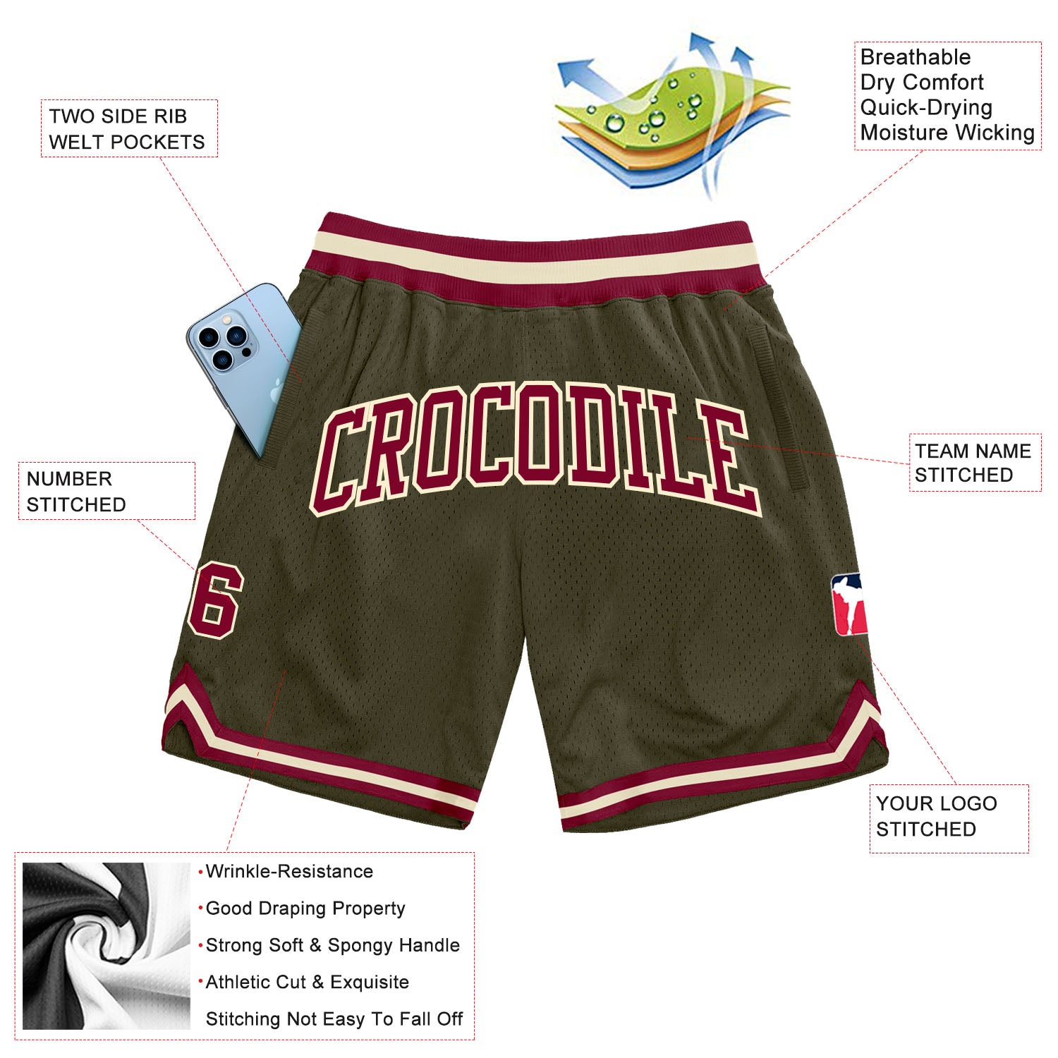 Custom Olive Maroon-Cream Authentic Throwback Salute To Service Basketball Shorts Custom Olive Maroon-Cream Basketball Shorts - Authentic Throwback Salute To Service Design Custom Olive Maroon-Cream Authentic - Image 2