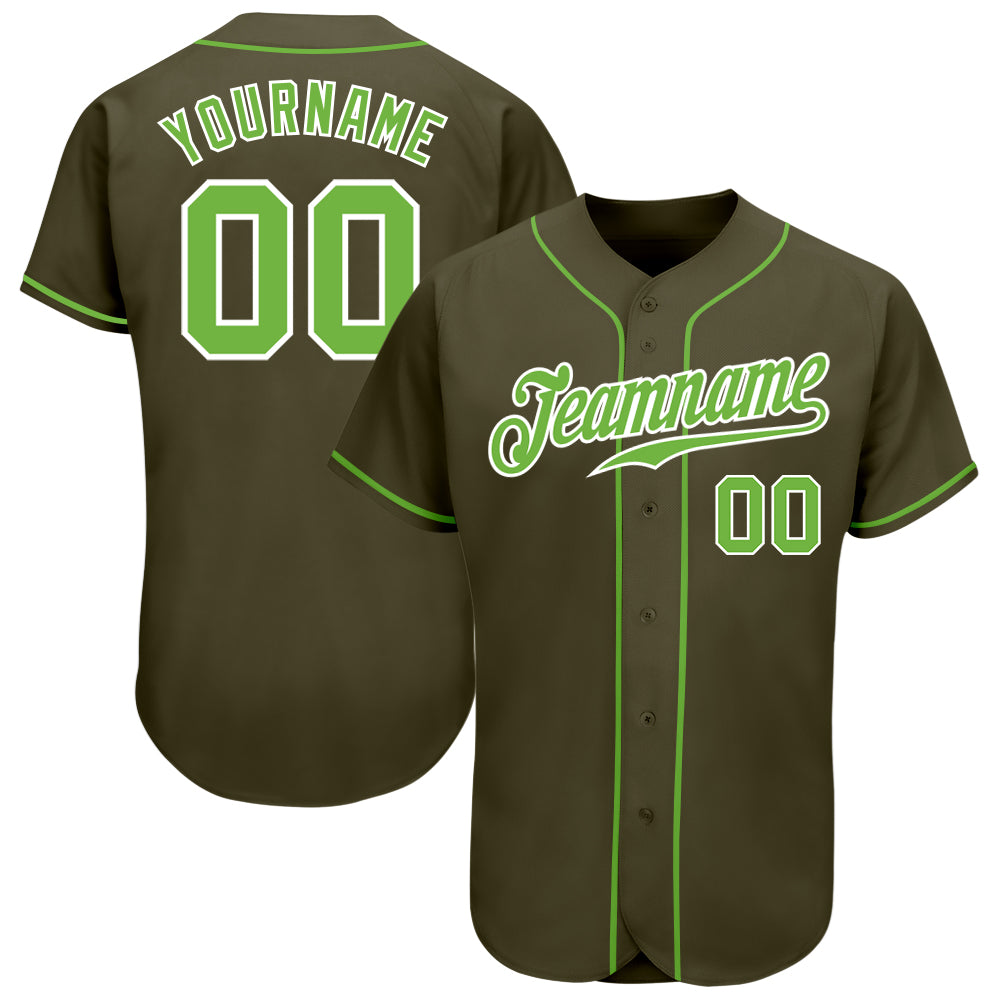 Custom Olive Neon Green-White Authentic Salute To Service Baseball Jersey Olive Neon Green-White Custom Baseball Jersey - Authentic Salute To Service Custom Olive Neon Green-White Authentic Salute - Image 1