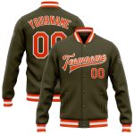 Custom Olive Orange White Bomber Varsity Letterman Jacket - Salute To Service Full-Snap Design Custom Olive Orange-White