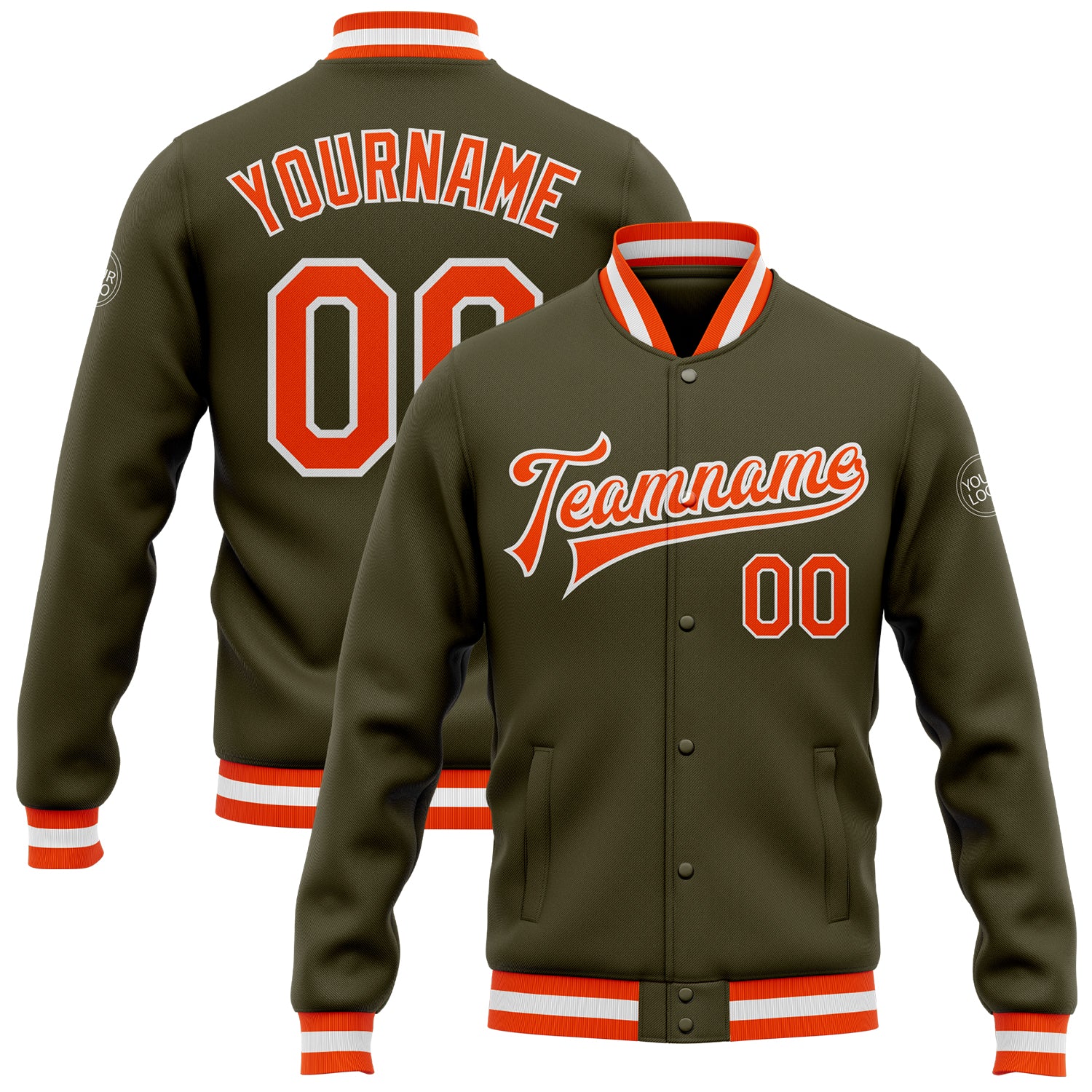 Custom Olive Orange White Bomber Varsity Letterman Jacket - Salute To Service Full-Snap Design Custom Olive Orange-White