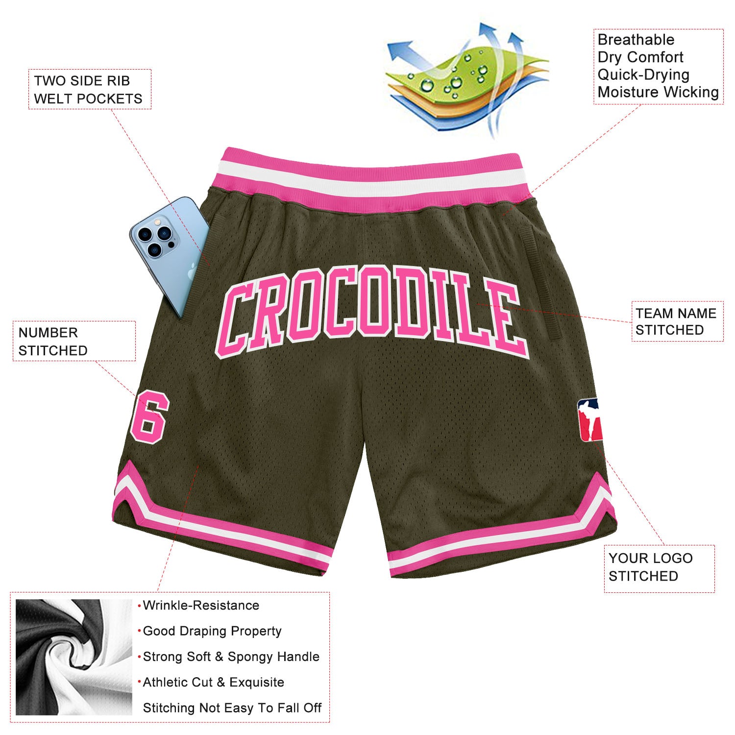 Custom Olive Pink-White Authentic Throwback Salute To Service Basketball Shorts Custom Olive Pink-White Basketball Shorts - Authentic Throwback Salute To Service Custom Olive Pink-White Authentic Throwback - Image 2