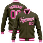 Custom Olive Pink White Varsity Letterman Bomber Jacket Salute to Service Full-Snap Custom Olive Pink-White Bomber Full-Snap