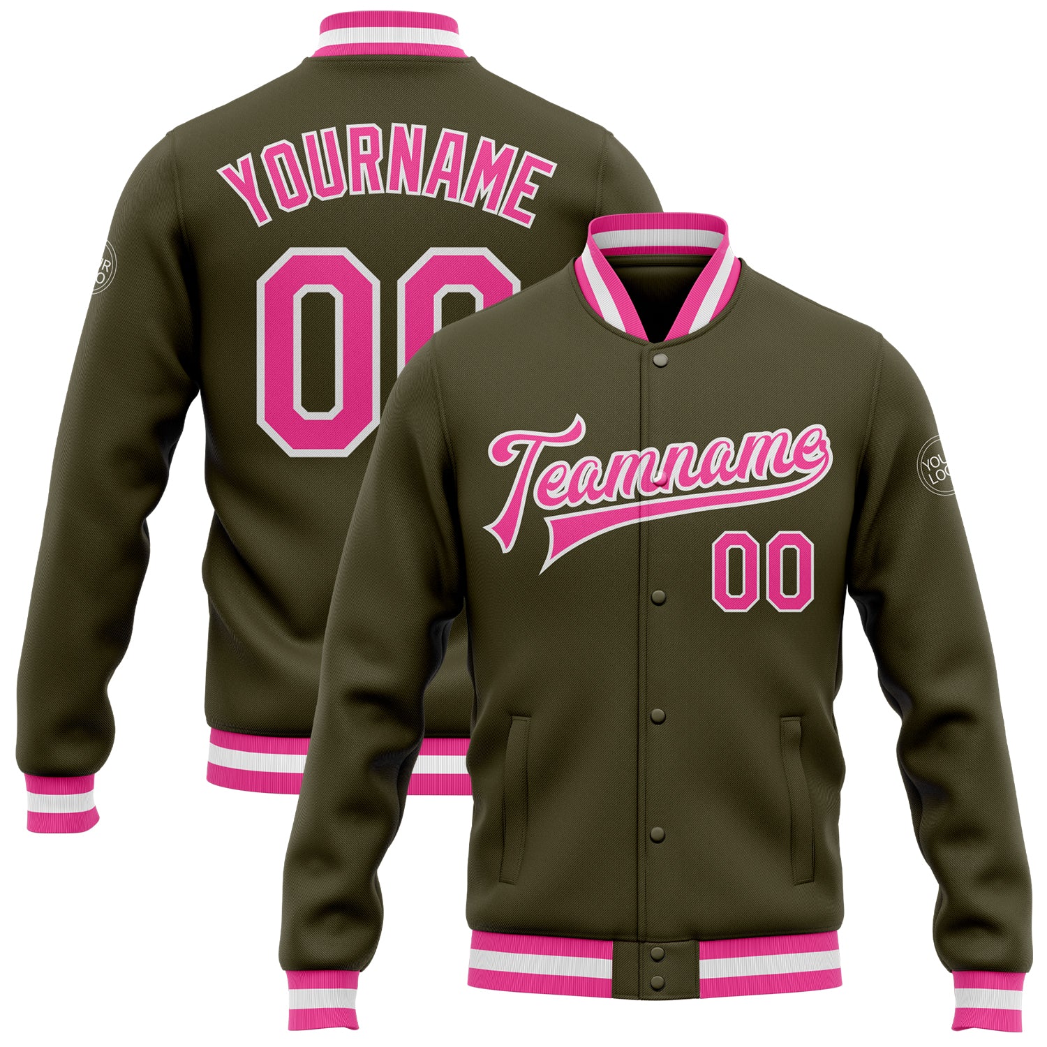 Custom Olive Pink White Varsity Letterman Bomber Jacket Salute to Service Full-Snap Custom Olive Pink-White Bomber Full-Snap