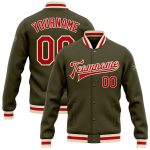 Custom Olive Red Cream Varsity Letterman Jacket Full Snap Salute to Service Custom Olive Red-Cream Bomber Full-Snap Varsity