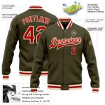 Custom Olive Red Cream Varsity Letterman Jacket Full Snap Salute to Service Custom Olive Red-Cream Bomber Full-Snap Varsity - Image 3