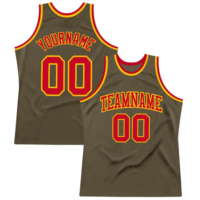 Custom Olive Red-Gold Basketball Jersey - Authentic Throwback Salute To Service Design Custom Olive Red-Gold Authentic Throwback - Image 1