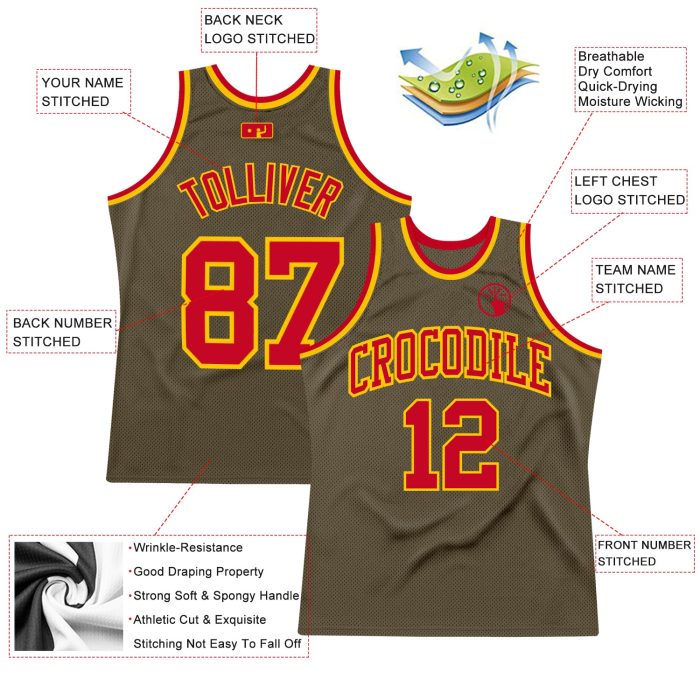 Custom Olive Red-Gold Basketball Jersey - Authentic Throwback Salute To Service Design Custom Olive Red-Gold Authentic Throwback - Image 2