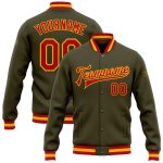 Custom Red-Gold Olive Bomber Jacket for Veterans | Full-Snap Varsity Letterman Salute to Service Jacket Custom Olive Red-Gold