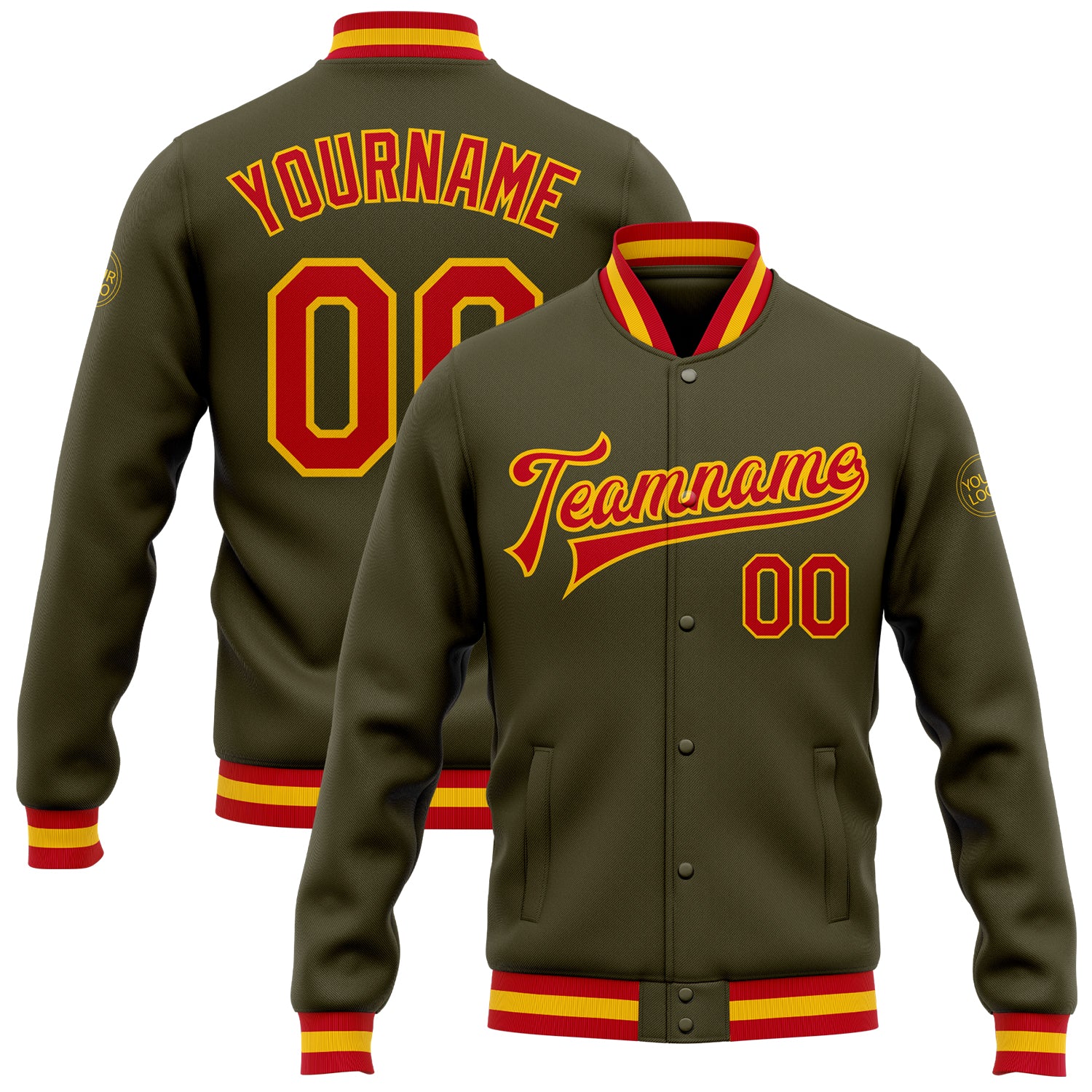 Custom Red-Gold Olive Bomber Jacket for Veterans | Full-Snap Varsity Letterman Salute to Service Jacket Custom Olive Red-Gold