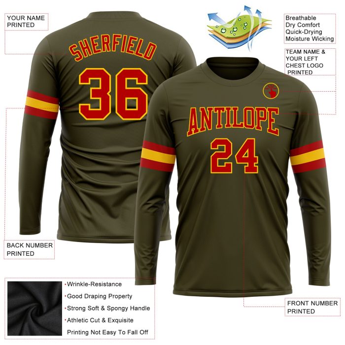 Custom Olive Red Gold Long Sleeve Performance T-Shirt for Salute to Service Custom Olive Red-Gold Long Sleeve Performance - Image 3