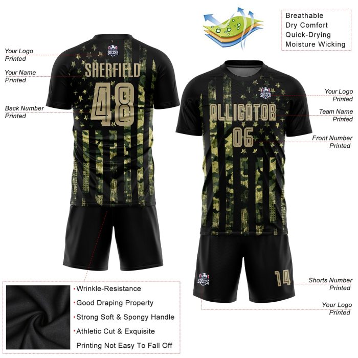 Custom Olive Gold and Black American Flag Soccer Jersey - Fashion Sublimation Salute to Service Uniform Custom Olive Vegas - Image 3