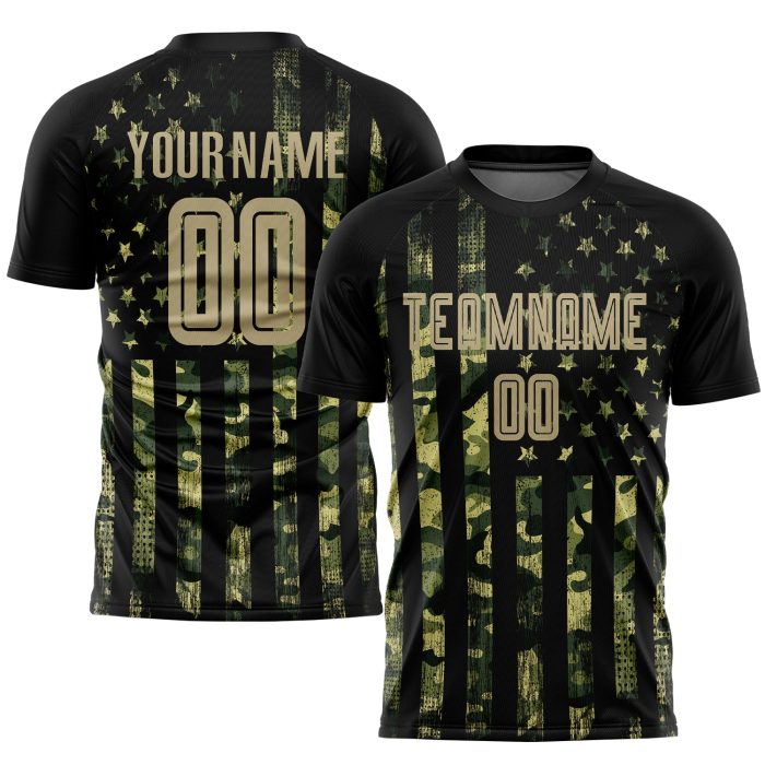 Custom Olive Gold and Black American Flag Soccer Jersey - Fashion Sublimation Salute to Service Uniform Custom Olive Vegas - Image 1