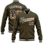 Vintage USA Flag Cream Black Bomber Jacket Custom Varsity Letterman Salute to Service Full Snap Custom Olive Vintage USA
