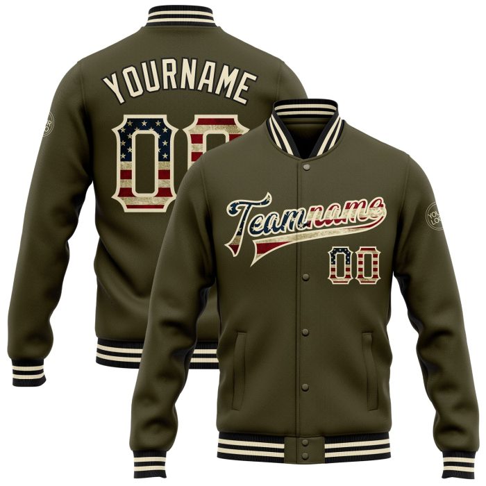Vintage USA Flag Cream Black Bomber Jacket Custom Varsity Letterman Salute to Service Full Snap Custom Olive Vintage USA - Image 1