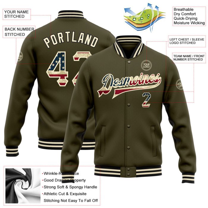 Vintage USA Flag Cream Black Bomber Jacket Custom Varsity Letterman Salute to Service Full Snap Custom Olive Vintage USA - Image 3