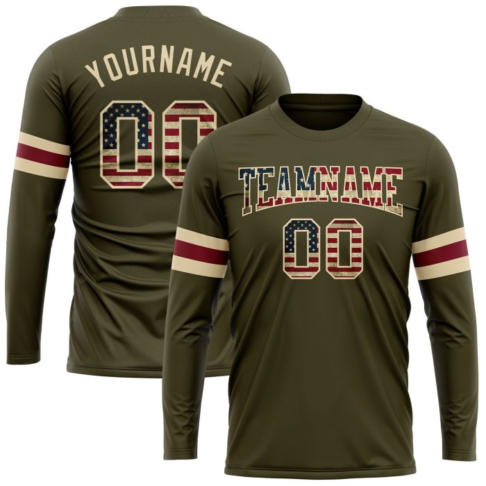Custom Olive USA Vintage Flag Long Sleeve Performance T-Shirt - Salute to Service Cream Design Custom Olive Vintage USA Flag-Cream - Image 1