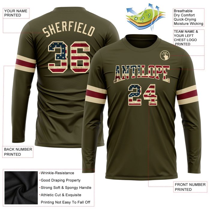 Custom Olive USA Vintage Flag Long Sleeve Performance T-Shirt - Salute to Service Cream Design Custom Olive Vintage USA Flag-Cream - Image 3