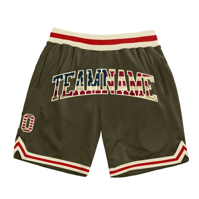 Vintage USA Flag Basketball Shorts Custom Olive Cream-Red Authentic Throwback Salute To Service Custom Olive Vintage USA - Image 1