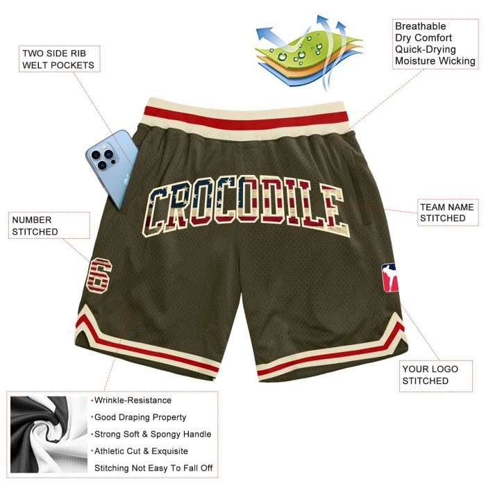 Vintage USA Flag Basketball Shorts Custom Olive Cream-Red Authentic Throwback Salute To Service Custom Olive Vintage USA - Image 2