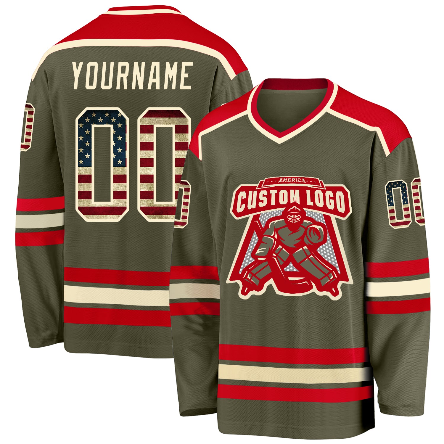 Custom Olive Vintage USA Flag Hockey Jersey - Cream Red Salute To Service Custom Olive Vintage USA Flag Cream-Red Salute