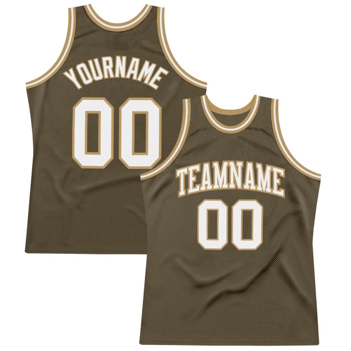 Custom Olive White Old Gold Basketball Jersey - Authentic Throwback Salute To Service Custom Olive White-Old Gold Authentic - Image 1