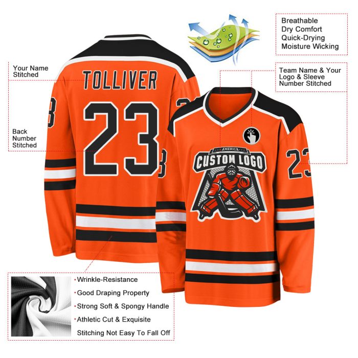 Custom Orange Black White Hockey Jersey for Men and Women - Personalized Sports Apparel Custom Orange Black-White Hockey - Image 3