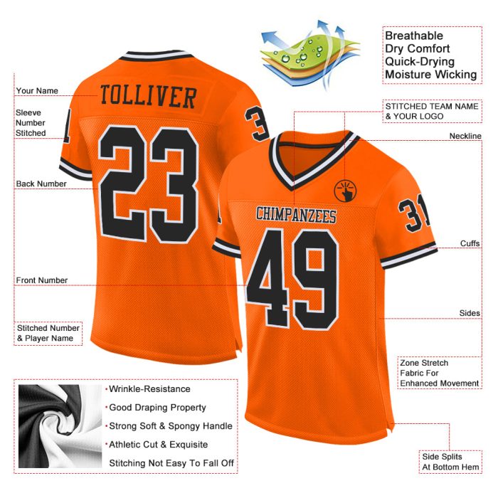 Custom Orange Black White Mesh Football Jersey - Authentic Throwback Design Custom Orange Black-White Mesh Authentic Throwback - Image 2