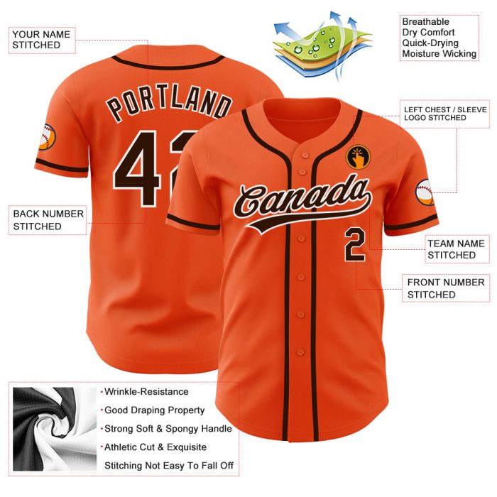 Custom Baseball Jersey - Orange and Brown-White Authentic Design Custom Orange Brown-White Authentic Baseball Jersey - Image 3