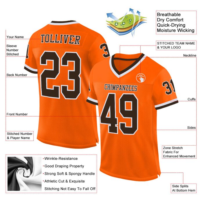 Custom Throwback Football Jersey - Orange Brown White Mesh Authentic Design Custom Orange Brown-White Mesh Authentic Throwback - Image 2
