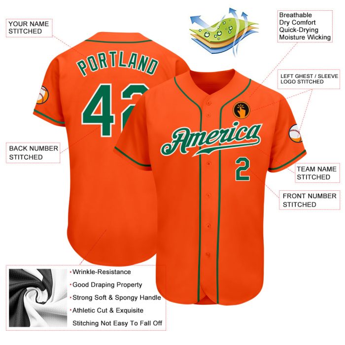 Custom Orange Kelly Green White Authentic Baseball Jersey 8335 - High Quality Sports Apparel Custom Orange Kelly Green-White - Image 3