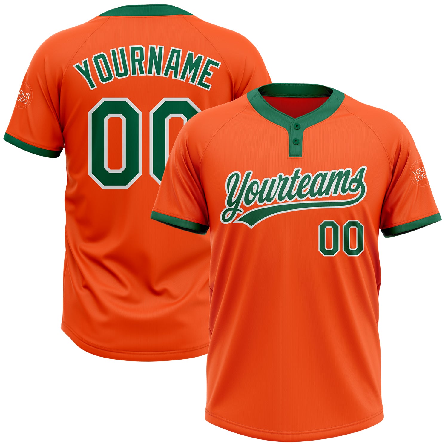 Custom Orange Kelly Green-White Unisex Softball Jersey - Two-Button Design Custom Orange Kelly Green-White Two-Button Unisex