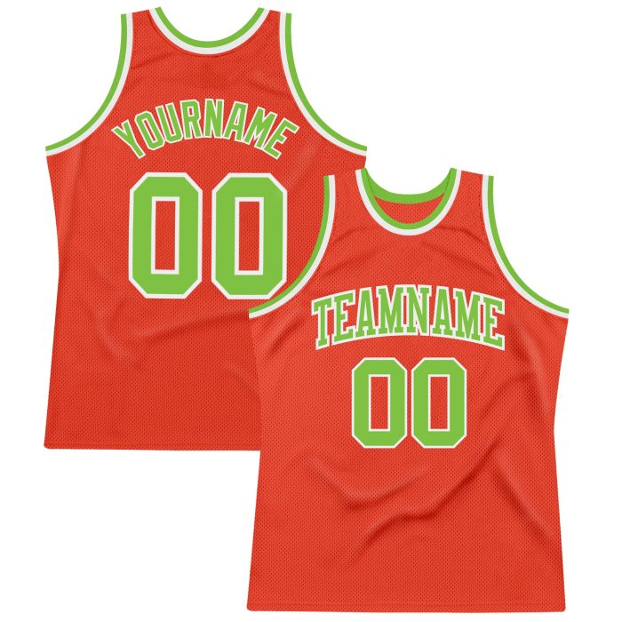 Authentic Custom Orange Neon Green-White Basketball Jersey - Throwback Style Custom Orange Neon Green-White Authentic Throwback - Image 1