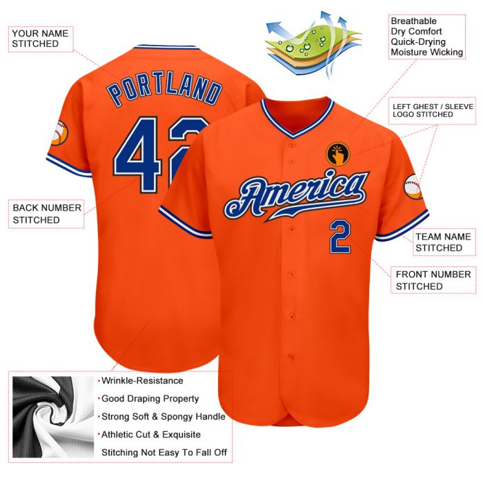 Custom Orange Black Baseball Jersey | Authentic Royal-Black Design Custom Orange Royal-Black Authentic Baseball Jersey - Image 3
