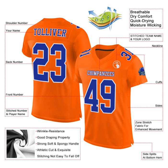 Custom Orange Royal White Authentic Football Jersey - Mesh Design for Comfort Custom Orange Royal-White Mesh Authentic Football - Image 2