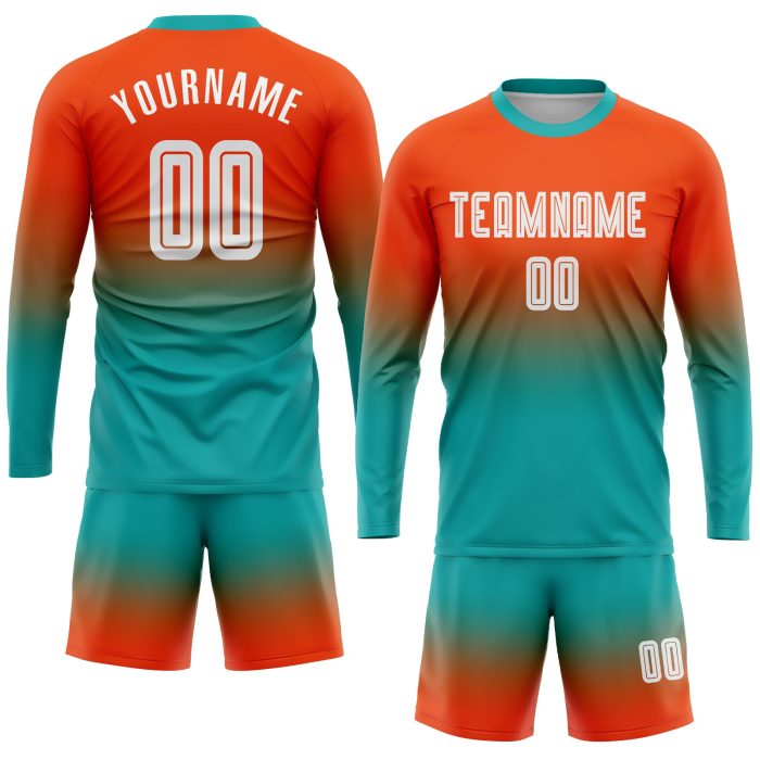 Custom Sublimation Soccer Jersey Orange White Aqua Long Sleeve Fade Fashion Uniform Custom Orange White-Aqua Sublimation - Image 2