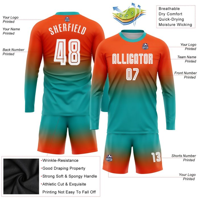 Custom Sublimation Soccer Jersey Orange White Aqua Long Sleeve Fade Fashion Uniform Custom Orange White-Aqua Sublimation - Image 3