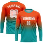 Custom Sublimation Soccer Jersey Orange White Aqua Long Sleeve Fade Fashion Uniform Custom Orange White-Aqua Sublimation
