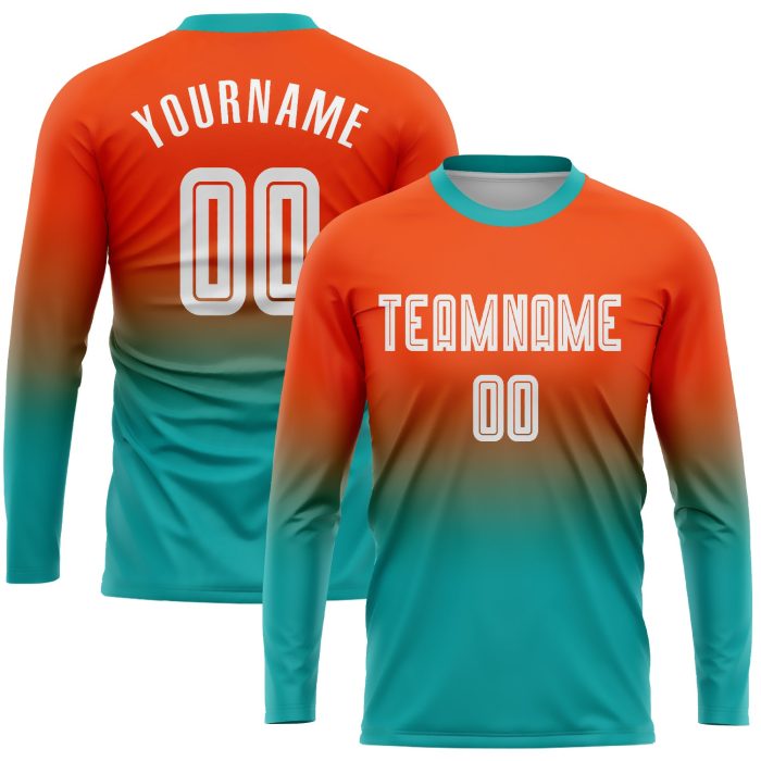 Custom Sublimation Soccer Jersey Orange White Aqua Long Sleeve Fade Fashion Uniform Custom Orange White-Aqua Sublimation - Image 1