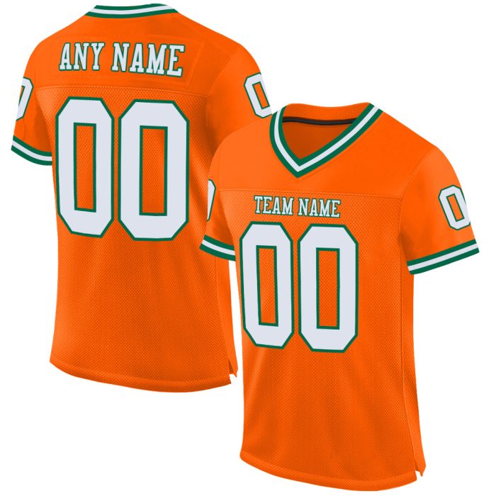 Custom Orange White Green Authentic Throwback Football Jersey - Mesh Design Custom Orange White-Kelly Green Mesh Authentic - Image 1